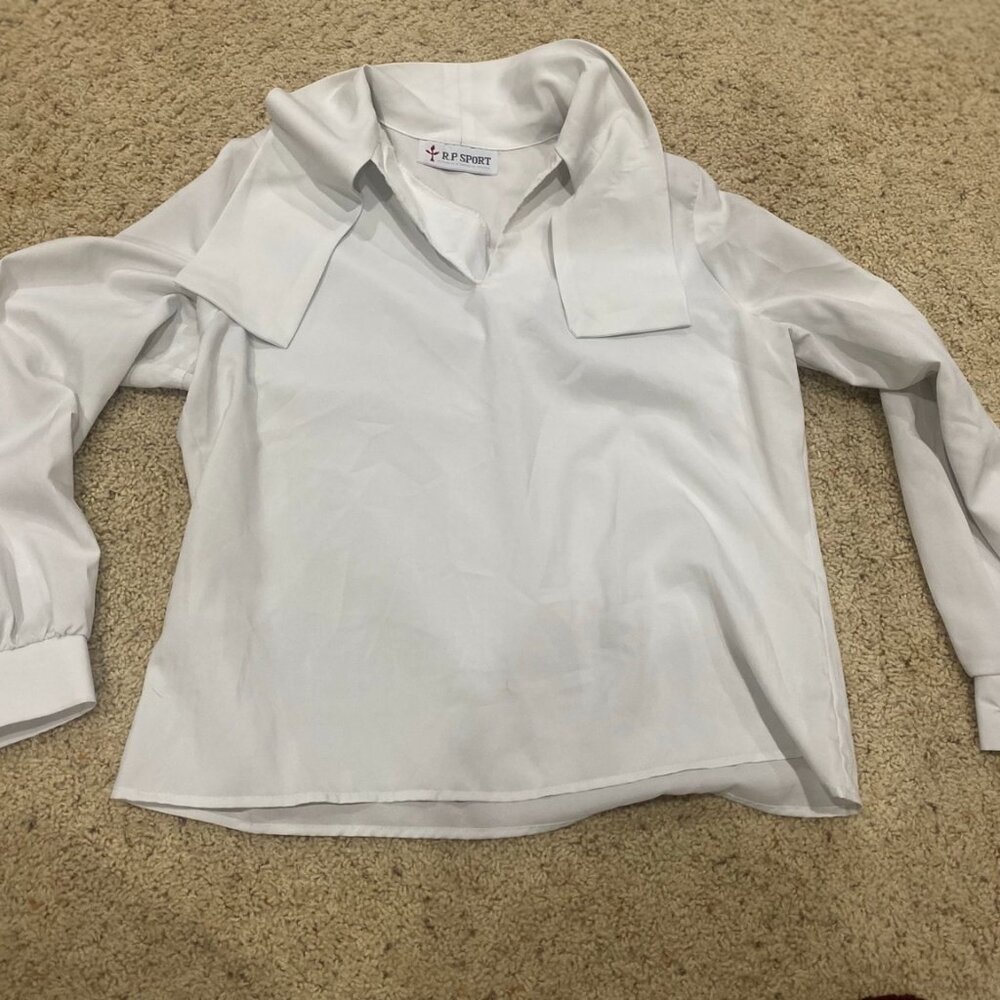 R.R. Sport White Blouse Size 12 Long Sleeve Collared Top Lightweight